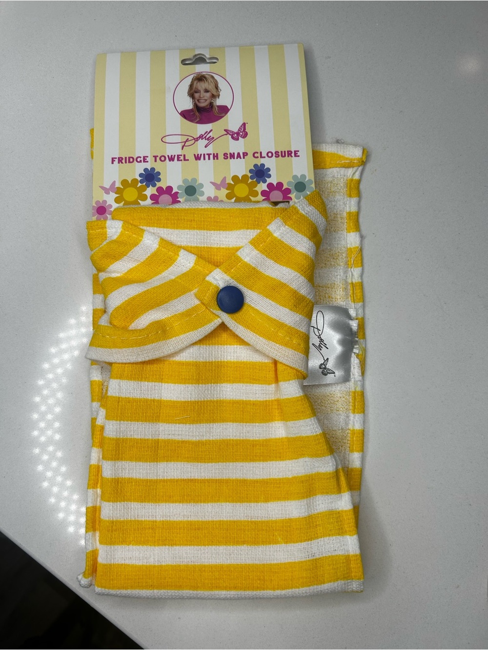 NEW Dolly Parton Yellow & White Striped butterfly fridge towel Snap 100% cotton